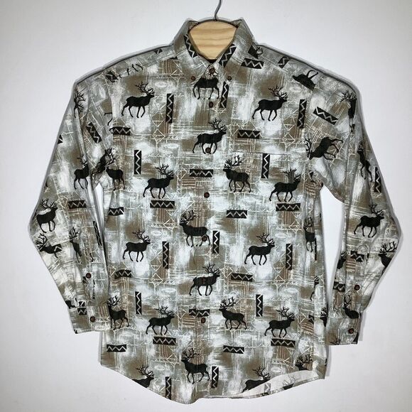 Woolrich Mens Long Sleeve Button Up Flannel Shirt Elk Pattern Size Medium - Picture 2 of 5